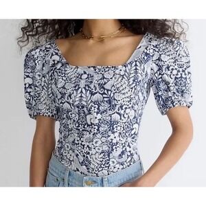 J.Crew Puff-sleeve Cotton Poplin Square Neck Top Mermaid Floral Smocking Sz XXS